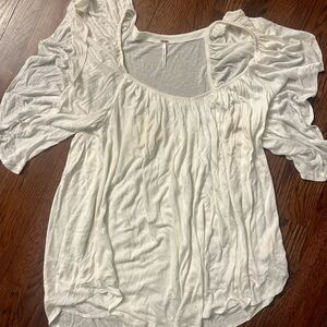 Free People White Puff Sleeve Blouse with Ruched Detail